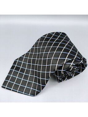 Claiborne Mens Black, Blue, and White Grid Pattern Textured 100% Silk Necktie